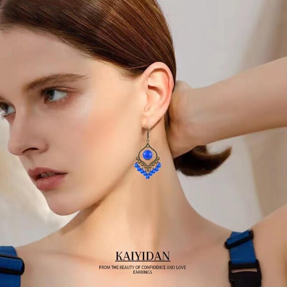 Blue Beads Tassels Retro Teardrop Vintage Long Summer Earring for Women Jewelry - Picture 6 of 9